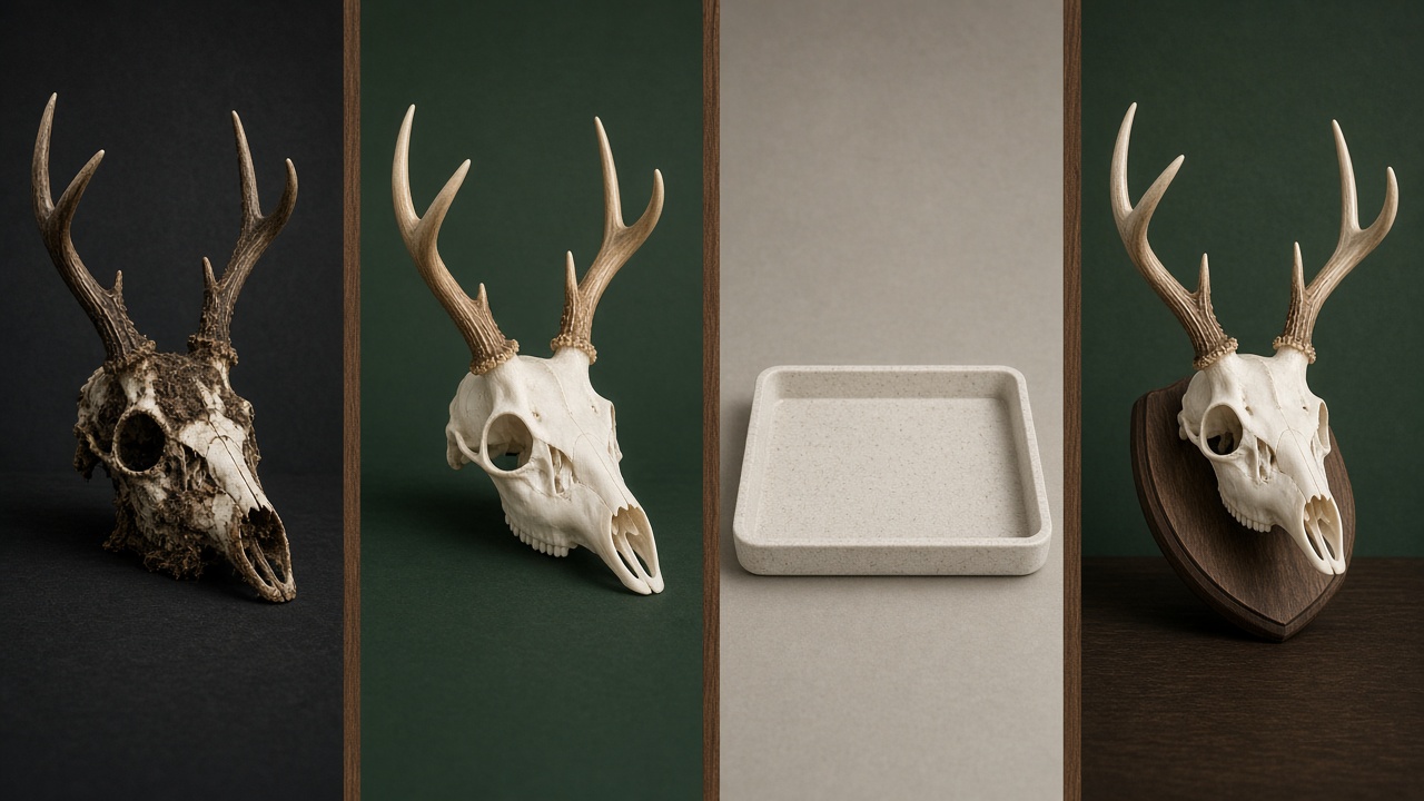Deer skull preparation stages arranged for an educational guide