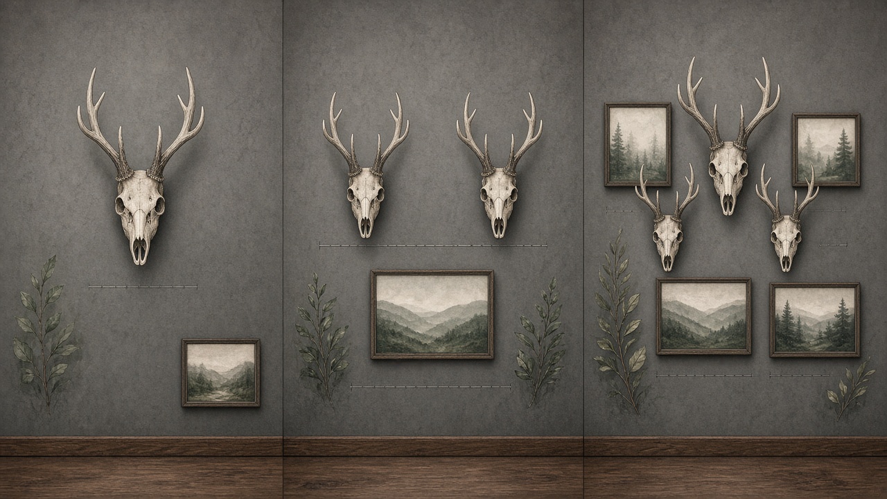 European mount trophy wall layout planned with framed hunting keepsakes