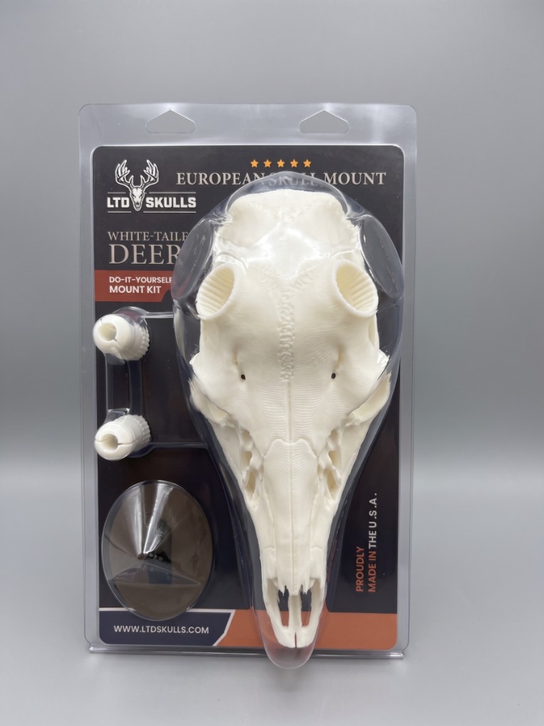 Complete Whitetail Deer Skull Mount Kit package with replica skull mount, wall hanger, and antler inserts