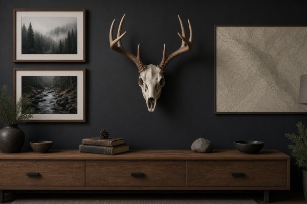 European deer mount displayed as part of a trophy wall