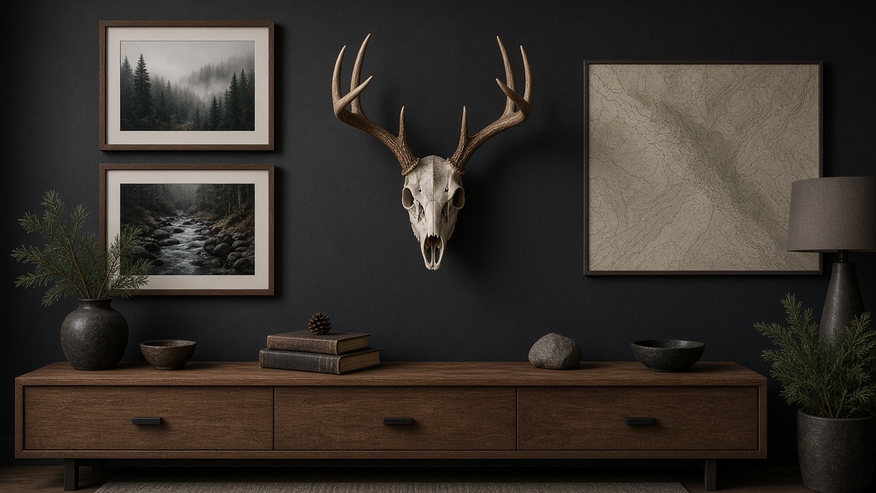 European deer mount displayed as part of a trophy wall